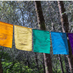 A chakra flag hangs as a reminder of how to spot and fix a chakra imbalance for yoga students.