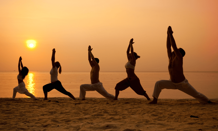 A group of yogis do their sun salutations, paying homage to the history of yoga.