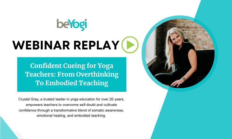 A yoga teacher's image is shown on her webinar preview where she teaches instructors about confident yoga cueing.