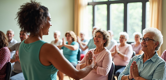 Yoga teacher instructing a senior yoga class.